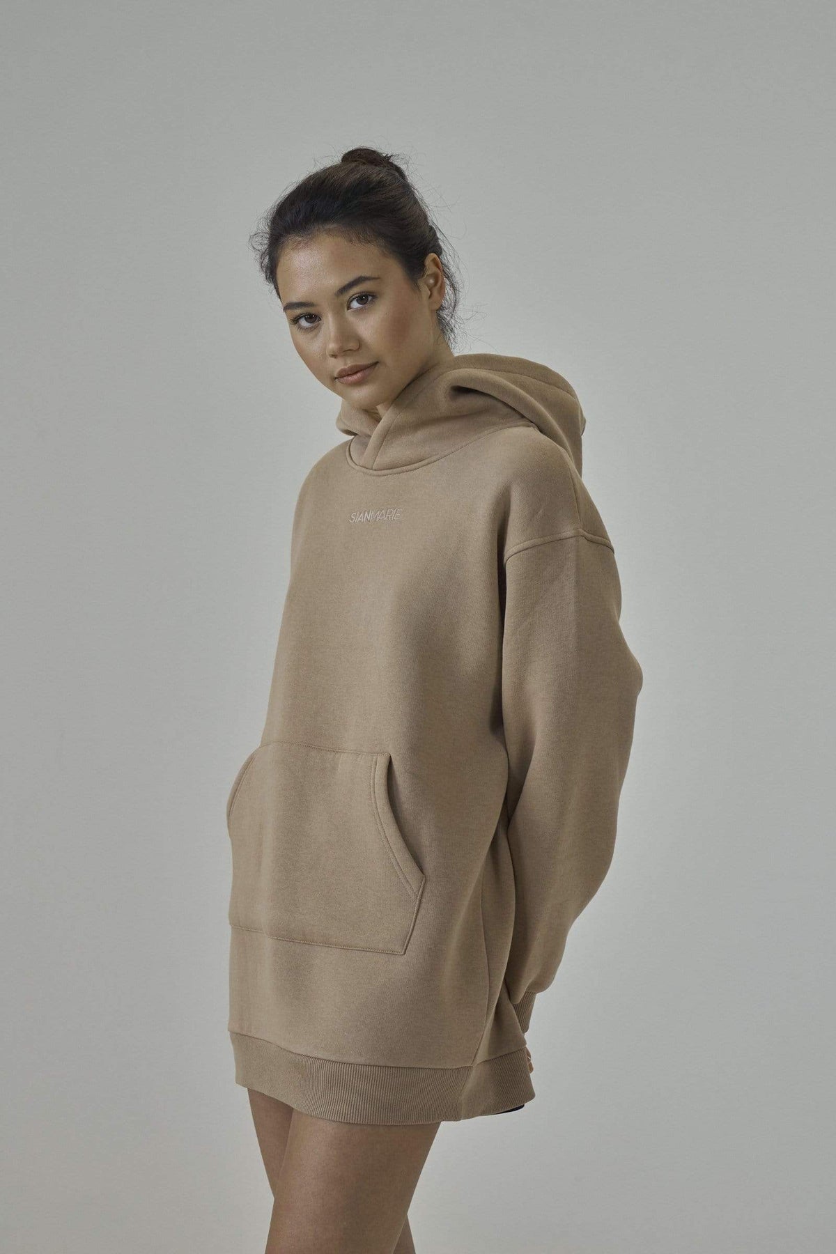 SIANMARIE Oversized Sand Slogan Print Hoodie