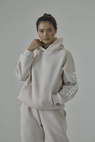 SIANMARIE Oversized Slogan Print Nude Hoodie | WOMENS | Sian Marie