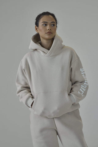 SIANMARIE Oversized Slogan Print Nude Hoodie | WOMENS | Sian Marie