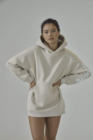 SIANMARIE Oversized Slogan Print Nude Hoodie | WOMENS | Sian Marie